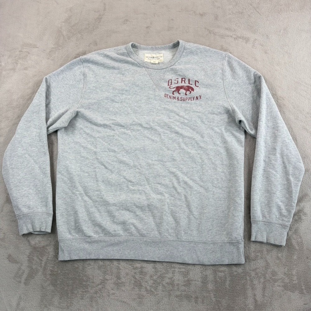 Denim & Supply Ralph Lauren NY Panther Crewneck V Stitch Sweatshirt Grey Men 2XL